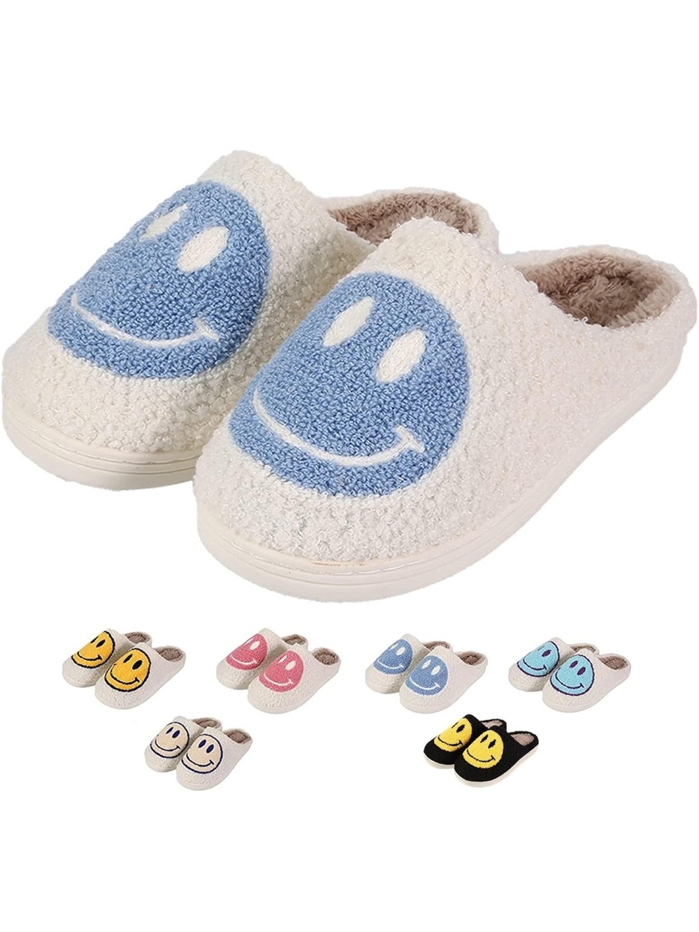 Womens Cozy Smiley One-Piece Slippers - Cream with Blue Smiley